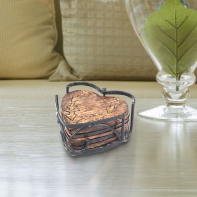 Image showing  Rustic Wooden Heart Shape Coaster Set with Metal Holder