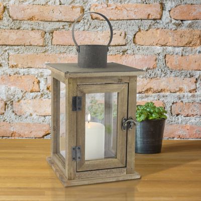 Image showing 6 th Stonebriar Collection 18 in. Rustic Wooden Hurricane Candle Lantern