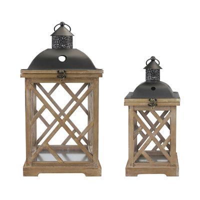 Stonebriar Collection Natural Wood and Metal Hurricane Candle Lanterns, 2 pc., SB-6135S2