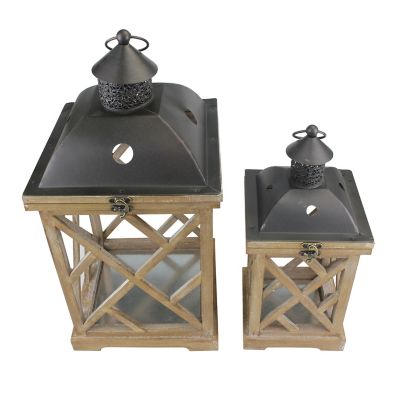 Image showing  18.9 in. Natural Wood and Metal Hurricane Candle Lanterns, 2-Pack