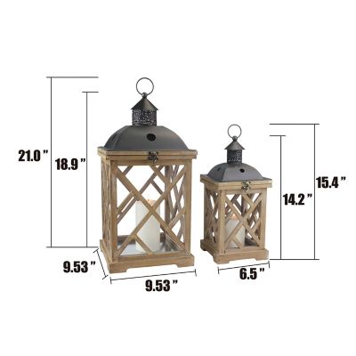 Image showing  18.9 in. Natural Wood and Metal Hurricane Candle Lanterns, 2-Pack