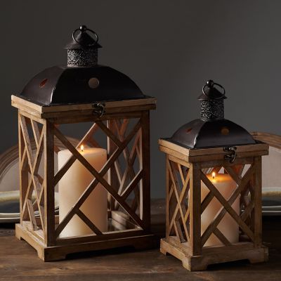 Image showing 5 th Stonebriar Collection 18.9 in. Natural Wood and Metal Hurricane Candle Lanterns, 2-Pack