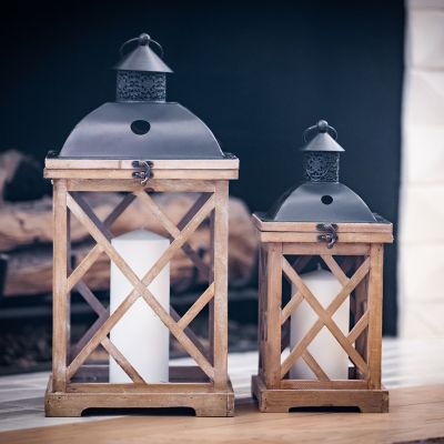 Image showing 6 th Stonebriar Collection 18.9 in. Natural Wood and Metal Hurricane Candle Lanterns, 2-Pack