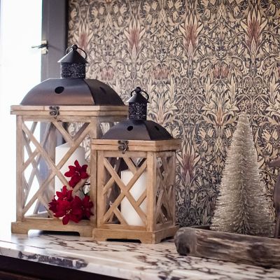 Image showing 7 th Stonebriar Collection 18.9 in. Natural Wood and Metal Hurricane Candle Lanterns, 2-Pack