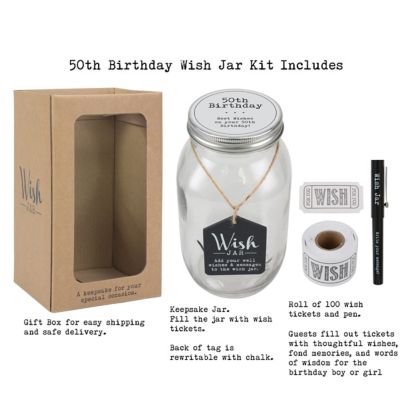 Image showing  50th Birthday Wish Jar with 100 Tickets Pen and Decorative Lid