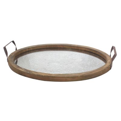 Stonebriar Collection Oval Wood Serving Tray with Metal Handles and Distressed Mirror Base