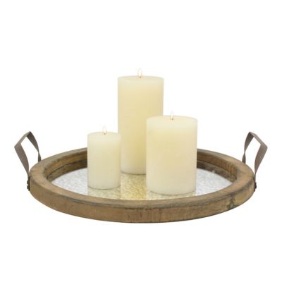 Stonebriar Collection Round Wood Serving Tray with Metal Handles and Distressed Mirror