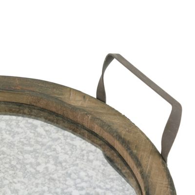 Image showing  Round Wood Serving Tray with Metal Handles and Distressed Mirror