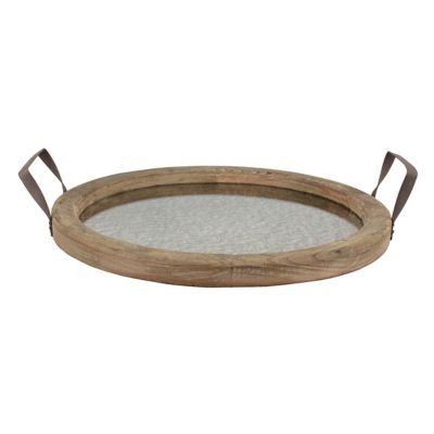 Image showing  Round Wood Serving Tray with Metal Handles and Distressed Mirror