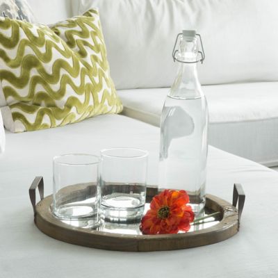 Image showing  Round Wood Serving Tray with Metal Handles and Distressed Mirror