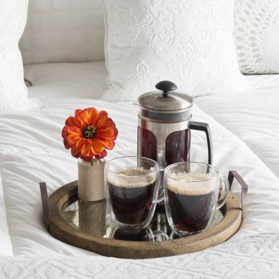 Image showing  Round Wood Serving Tray with Metal Handles and Distressed Mirror