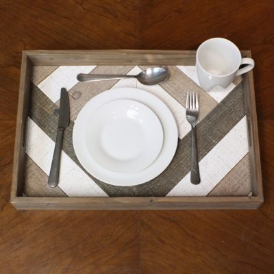 Image showing  Rectangular Geometric Wooden Serving Tray with Handles, 18 in. x 12 in.