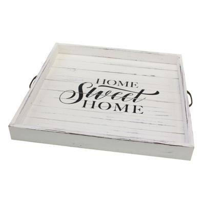 Image showing  Square Worn Home Sweet Home Wooden Serving Tray with Metal Handles, 18 in. x 12 in.