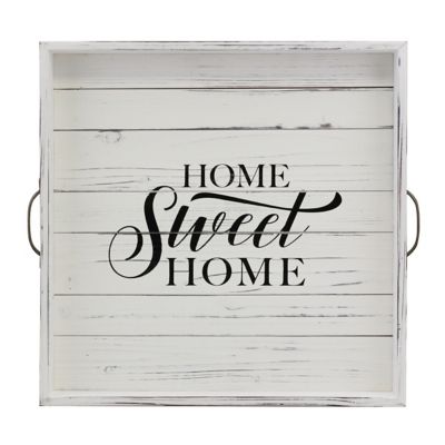 Image showing  Square Worn Home Sweet Home Wooden Serving Tray with Metal Handles, 18 in. x 12 in.