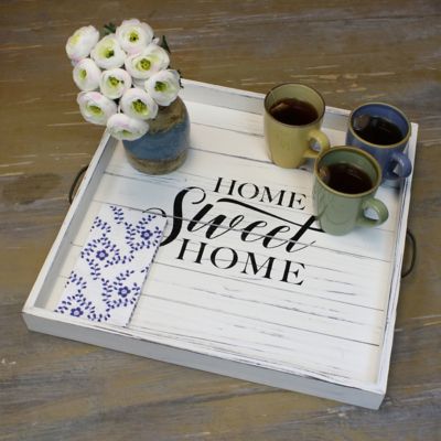 Image showing  Square Worn Home Sweet Home Wooden Serving Tray with Metal Handles, 18 in. x 12 in.
