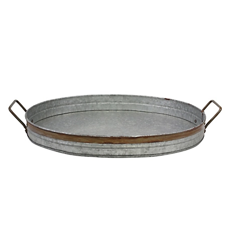 Stonebriar Collection Oval Galvanized Metal Serving Tray with Rust Trim and Metal Handles
