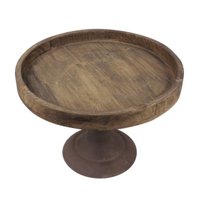 Image showing  Rustic Worn Natural Wood and Metal Pedestal Tray, 11.8 in.