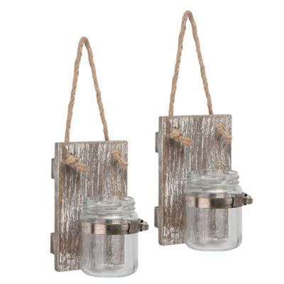 Stonebriar Collection Rustic Washed Wood Mason Jar Wall Sconce with Hanging Loop, 2 pc.