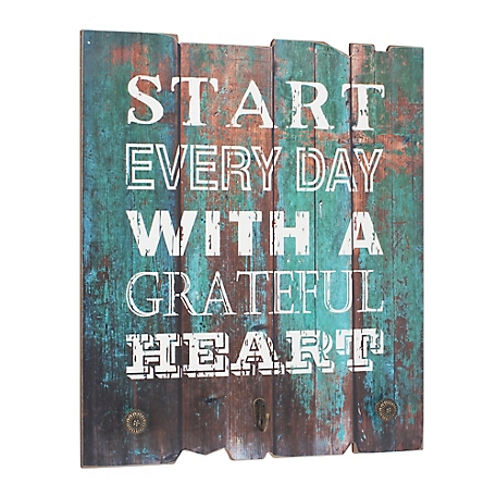 Stonebriar Collection Inspirational Grateful Heart Wall Art with 3 Decorative Hooks, 15.5 in. x 15.5 in. x 2 in.