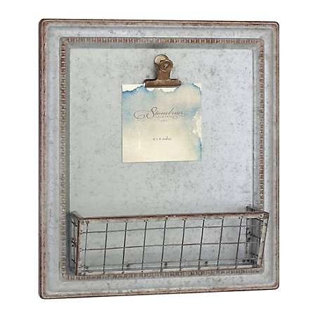 Stonebriar Collection Rustic Galvanized Metal Magnetic Memo Board with Clip and Wire Basket