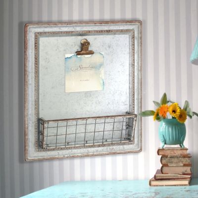 Image showing  Rustic Galvanized Metal Magnetic Memo Board with Clip and Wire Basket