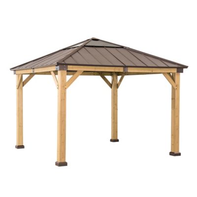 Sunjoy Amari Outdoor Patio 11 ft. x 11 ft. Cedar Framed Gazebo with Brown Steel and Polycarbonate Hip Roof Hardtop