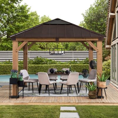 Image showing  Amari Outdoor Patio 11 ft. x 11 ft. Cedar Framed Gazebo with Brown Steel and Polycarbonate Hip Roof Hardtop