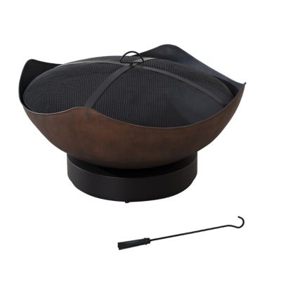 AmberCove 34 in. Wood-Burning Outdoor Round Copper Steel Wood-Burning Fire Pit Bowl with Spark Screen and Poker