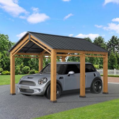 Sunjoy 11x13 Wood Carport, Outdoor Living Pavilion, Wooden Gazebo with Ceiling Hook