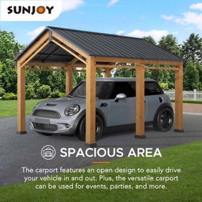 Image showing 7 th Sunjoy 11x13 Wood Carport, Outdoor Living Pavilion, Wooden Gazebo with Ceiling Hook