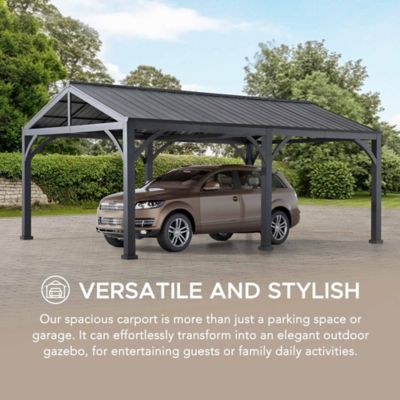 Image showing 6 th Sunjoy 14 ft. x 20 ft. Metal Carport, Outdoor Living Pavilion, Gazebo with 2 Ceiling Hooks