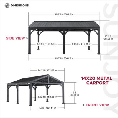 Image showing 7 th Sunjoy 14 ft. x 20 ft. Metal Carport, Outdoor Living Pavilion, Gazebo with 2 Ceiling Hooks