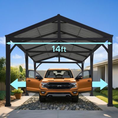 Image showing 8 th Sunjoy 14 ft. x 20 ft. Metal Carport, Outdoor Living Pavilion, Gazebo with 2 Ceiling Hooks