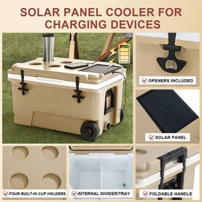 Image showing  60 qt. Insulated Portable Rolling Ice Chest Solar Cooler with Wheels for Party, Tan