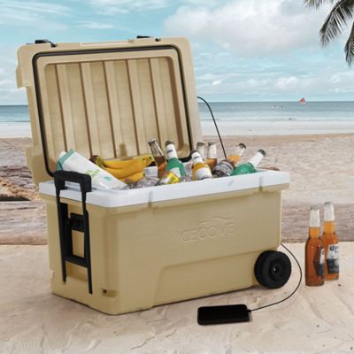 Image showing  60 qt. Insulated Portable Rolling Ice Chest Solar Cooler with Wheels for Party, Tan
