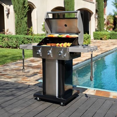 Image showing  3-Burner Propane Gas Grill with Folding Side Shelves, Black