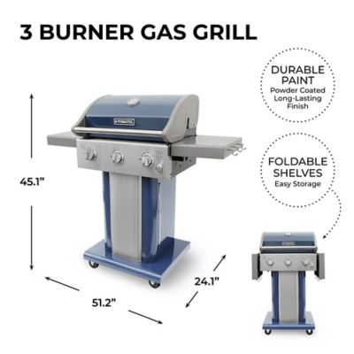 Image showing  3-Burner Propane Gas Grill with Folding Side Shelves, Azure