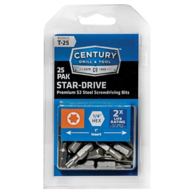 Century Drill & Tool 1/4 in. x 1 in. T25 Star Screwdriver Bits, 25 pc.
