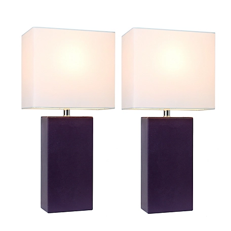 Elegant Designs 21 in. H Modern Table Lamps with Fabric Shades, Eggplant Leather, 2-Pack