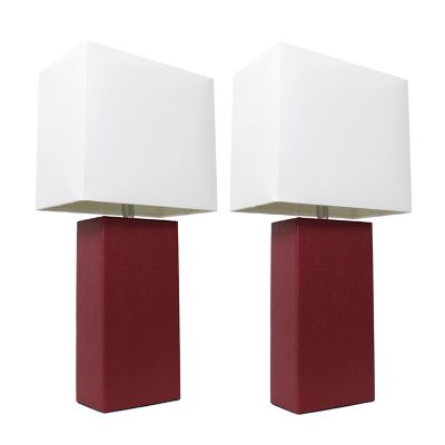 Elegant Designs 21 in. H Modern Table Lamps with Fabric Shades, Red Leather, 2-Pack