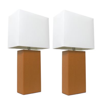 Elegant Designs 21 in. H Modern Table Lamps with Fabric Shades, Tan Leather, 2-Pack