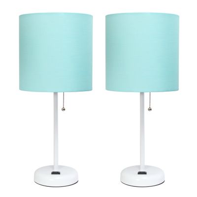 LimeLights 19.5 in. H Stick Lamps with Charging Outlet and Fabric Shade, 2-Pack, Aqua/White