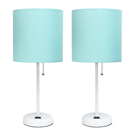 LimeLights 19.5 in. H Stick Lamps with Charging Outlet and Fabric Shade, 2-Pack, Aqua/White