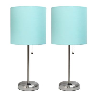 LimeLights 19.5 in. H Stick Lamps with Charging Outlet and Fabric Shade, 2-Pack, Aqua/Brushed Steel
