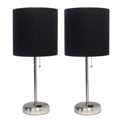 LimeLights 19.5 in. H Stick Lamps with Charging Outlet and Fabric Shade, 2-Pack, Black/Brushed Steel