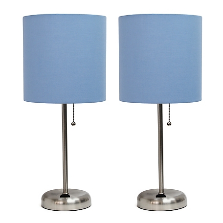 LimeLights 19.5 in. H Stick Lamps with Charging Outlet and Fabric Shade, 2-Pack, Blue/Brushed Steel