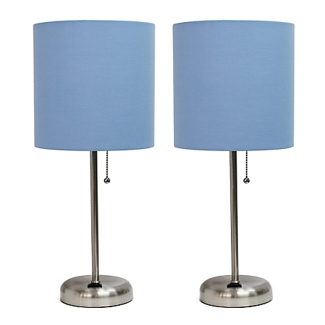 LimeLights 19.5 in. H Stick Lamps with Charging Outlet and Fabric Shade, 2-Pack, Blue/Brushed Steel