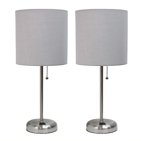 LimeLights 19.5 in. H Stick Lamps with Charging Outlet and Fabric Shade, 2-Pack, Gray/Brushed Steel