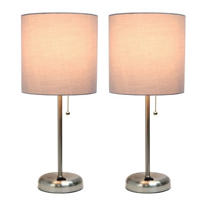 Image showing  19.5 in. H Stick Lamps with Charging Outlet and Fabric Shade, 2-Pack, Gray/Brushed Steel