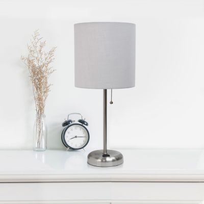 Image showing  19.5 in. H Stick Lamps with Charging Outlet and Fabric Shade, 2-Pack, Gray/Brushed Steel